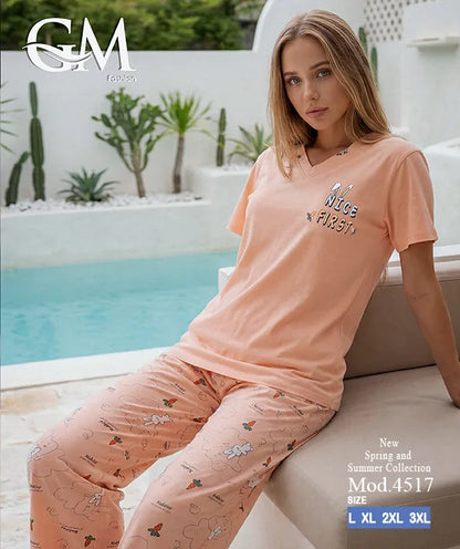 بيجامة حريمي صيفي بنطلون مطبوع – GM Fashion موديل 4517