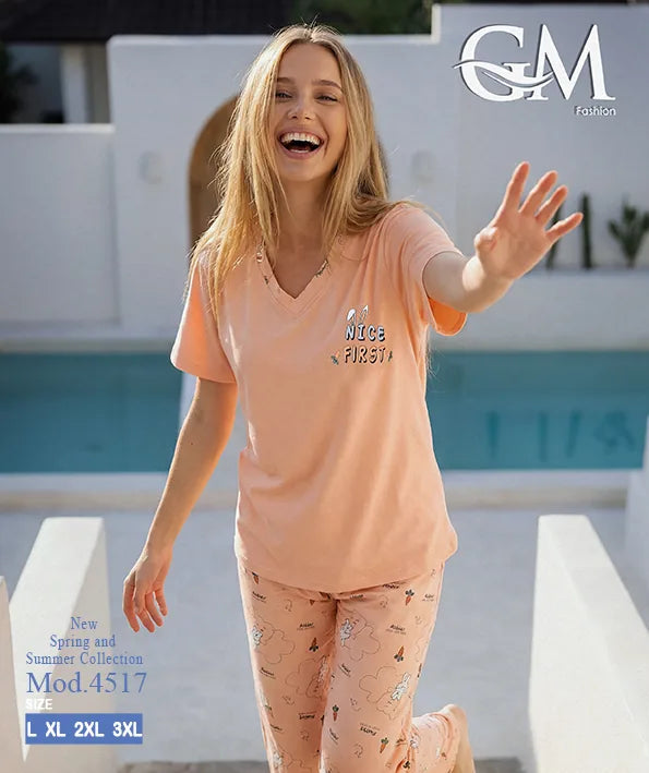 بيجامة حريمي صيفي بنطلون مطبوع – GM Fashion موديل 4517