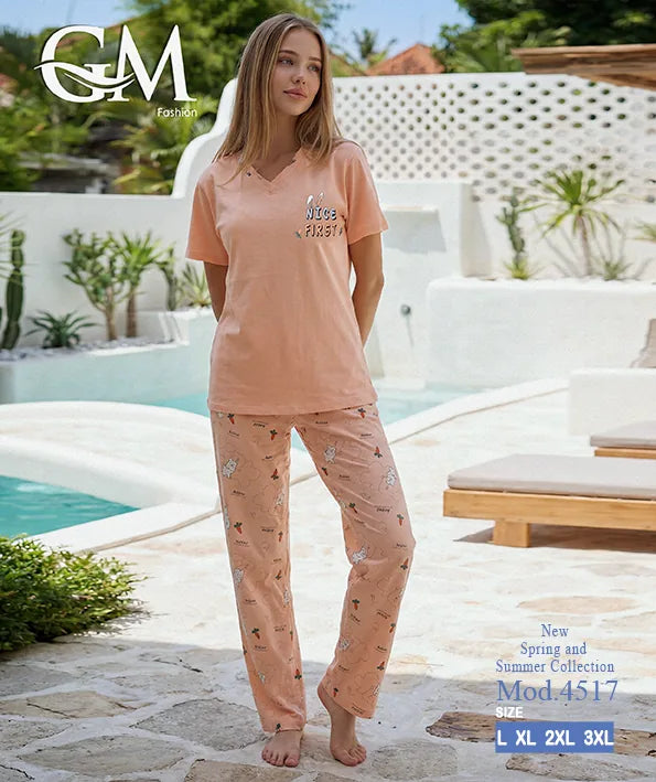 بيجامة حريمي صيفي بنطلون مطبوع – GM Fashion موديل 4517