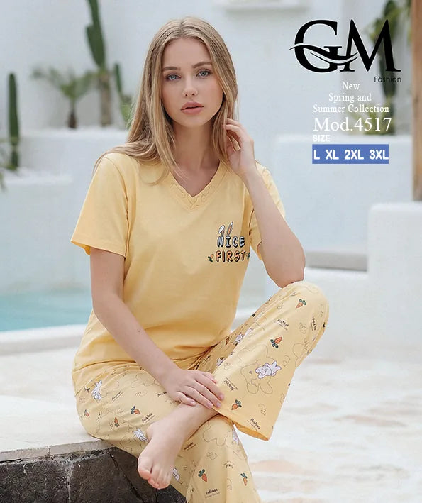 بيجامة حريمي صيفي بنطلون مطبوع – GM Fashion موديل 4517