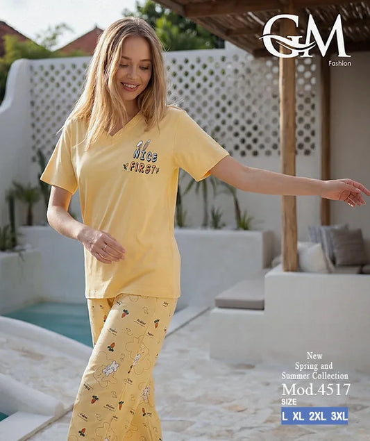 بيجامة حريمي صيفي بنطلون مطبوع – GM Fashion موديل 4517