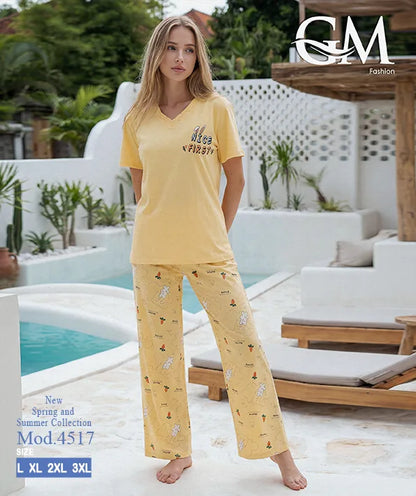بيجامة حريمي صيفي بنطلون مطبوع – GM Fashion موديل 4517