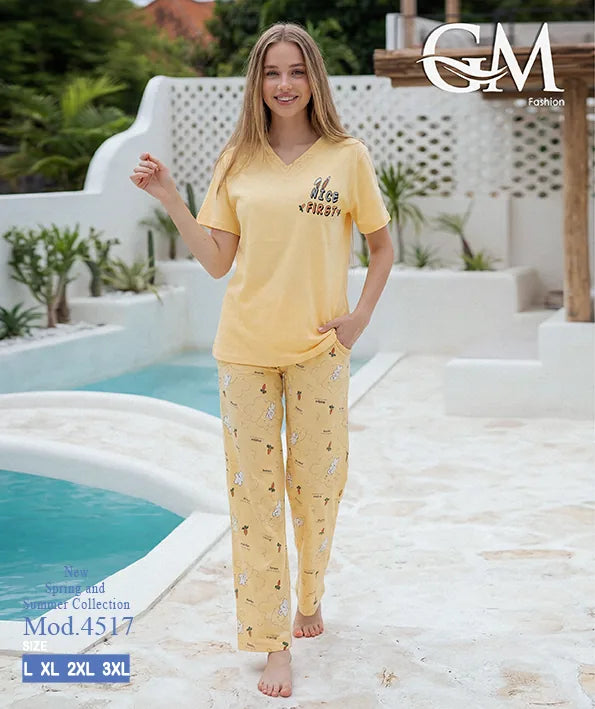بيجامة حريمي صيفي بنطلون مطبوع – GM Fashion موديل 4517