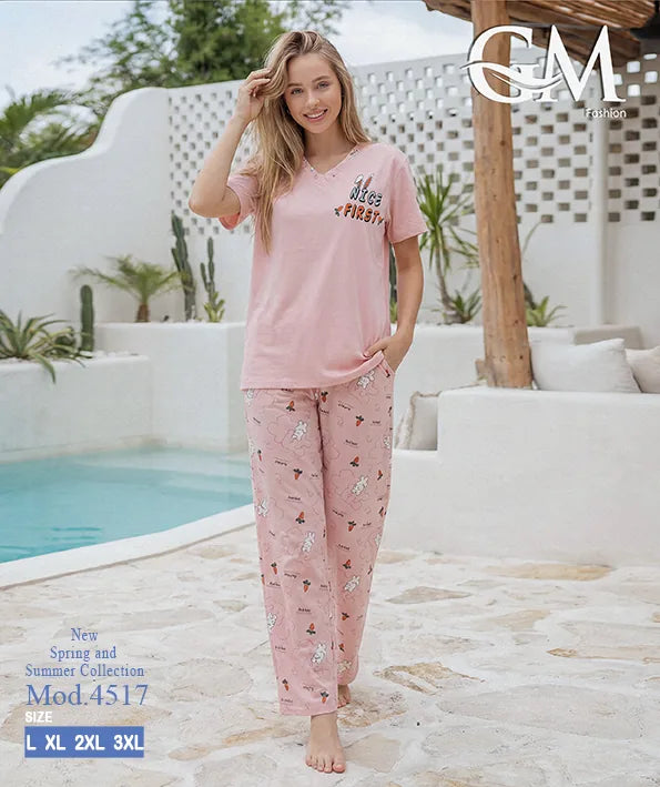 بيجامة حريمي صيفي بنطلون مطبوع – GM Fashion موديل 4517