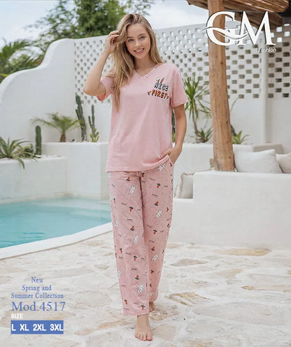 بيجامة حريمي صيفي بنطلون مطبوع – GM Fashion موديل 4517