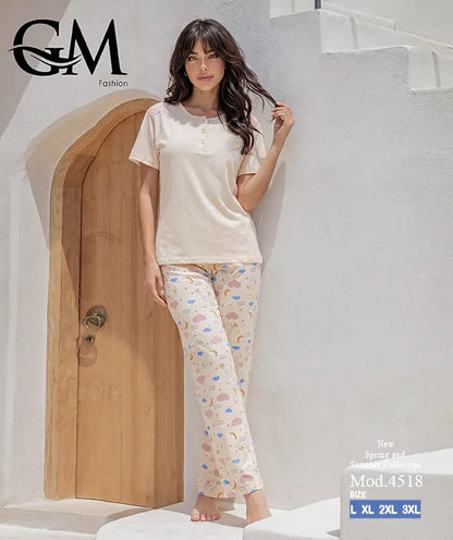 بيجامة حريمي صيفي بنطلون مطبوع – GM Fashion موديل 4518