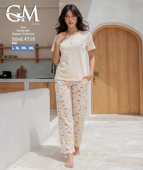 بيجامة حريمي صيفي بنطلون مطبوع – GM Fashion موديل 4518