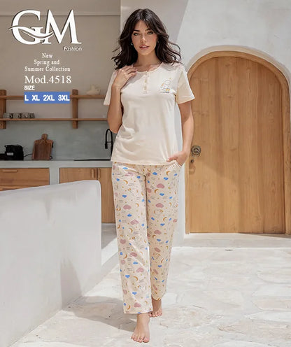 بيجامة حريمي صيفي بنطلون مطبوع – GM Fashion موديل 4518