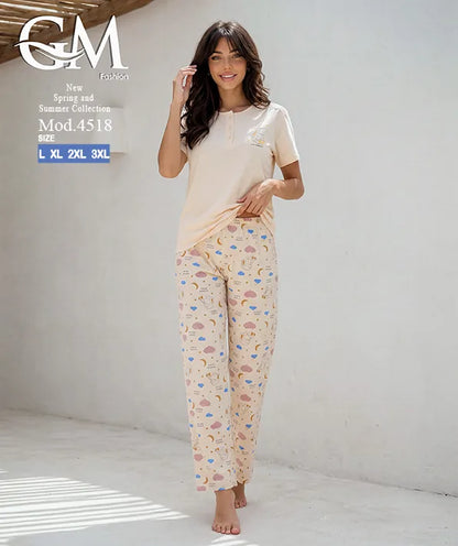 بيجامة حريمي صيفي بنطلون مطبوع – GM Fashion موديل 4518
