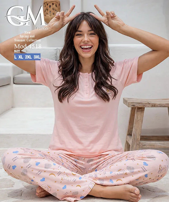 بيجامة حريمي صيفي بنطلون مطبوع – GM Fashion موديل 4518
