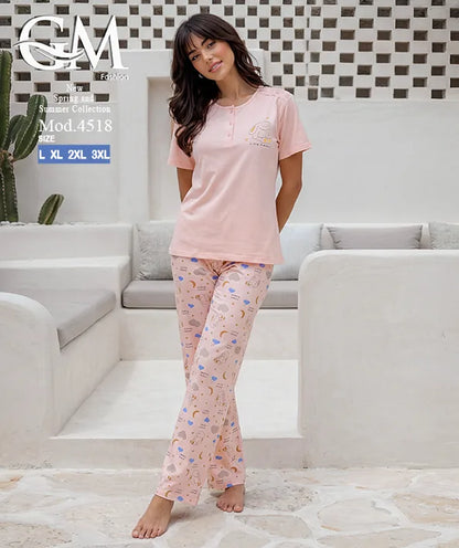 بيجامة حريمي صيفي بنطلون مطبوع – GM Fashion موديل 4518