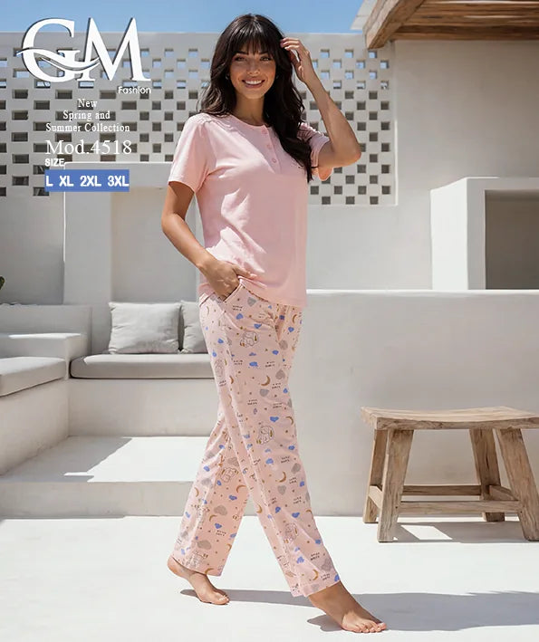 بيجامة حريمي صيفي بنطلون مطبوع – GM Fashion موديل 4518