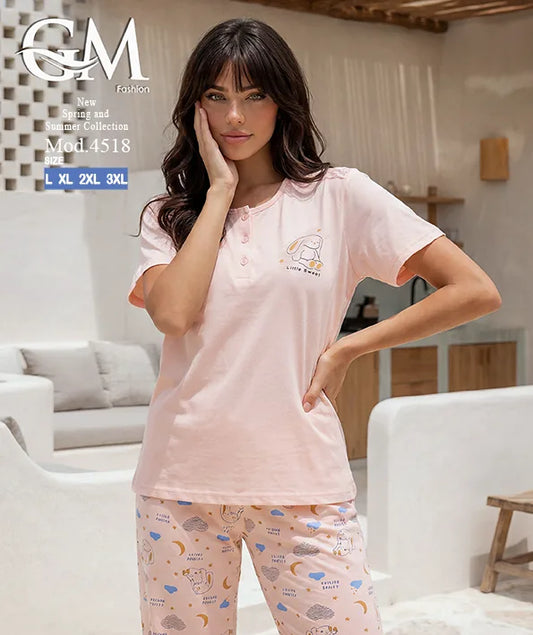 بيجامة حريمي صيفي بنطلون مطبوع – GM Fashion موديل 4518