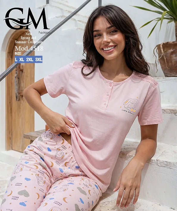 بيجامة حريمي صيفي بنطلون مطبوع – GM Fashion موديل 4518