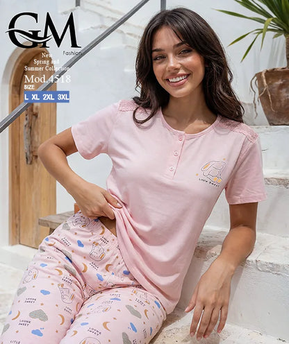 بيجامة حريمي صيفي بنطلون مطبوع – GM Fashion موديل 4518