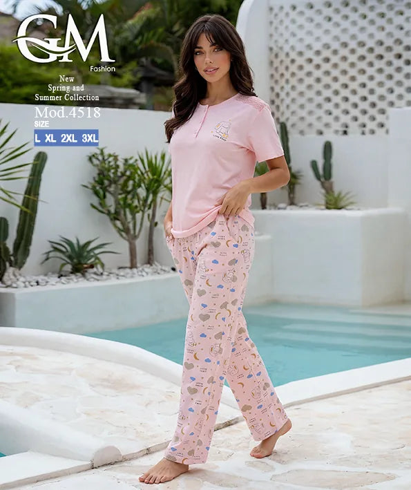 بيجامة حريمي صيفي بنطلون مطبوع – GM Fashion موديل 4518