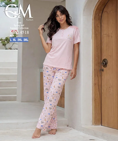 بيجامة حريمي صيفي بنطلون مطبوع – GM Fashion موديل 4518