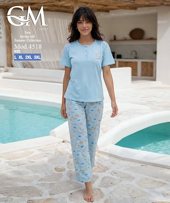 بيجامة حريمي صيفي بنطلون مطبوع – GM Fashion موديل 4518