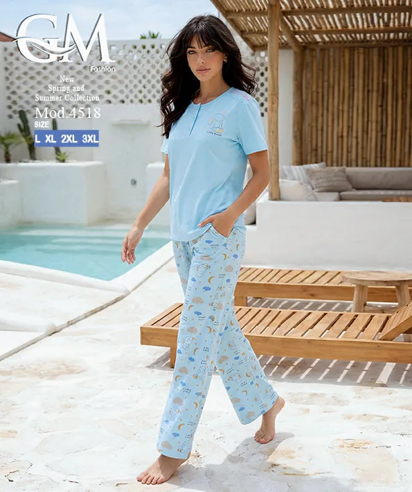 بيجامة حريمي صيفي بنطلون مطبوع – GM Fashion موديل 4518