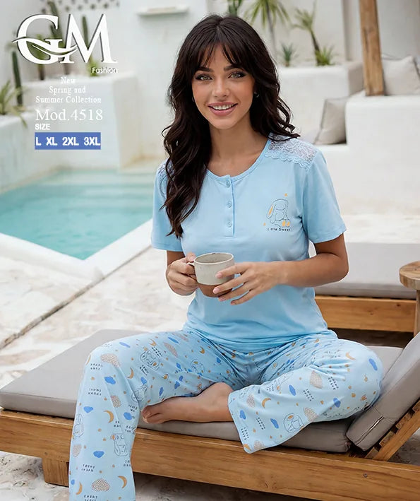 بيجامة حريمي صيفي بنطلون مطبوع – GM Fashion موديل 4518
