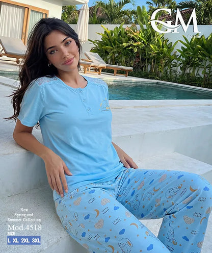 بيجامة حريمي صيفي بنطلون مطبوع – GM Fashion موديل 4518