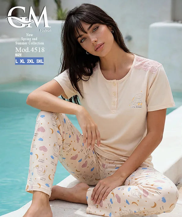 بيجامة حريمي صيفي بنطلون مطبوع – GM Fashion موديل 4518