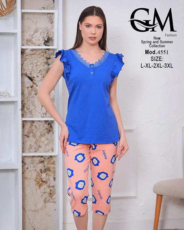 بيجامة حريمي قطن صيفي بنطلون كابري – GM Fashion موديل 4551