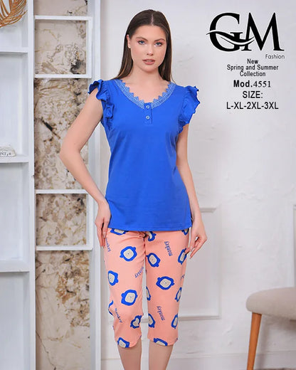 بيجامة حريمي قطن صيفي بنطلون كابري – GM Fashion موديل 4551