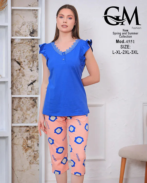 بيجامة حريمي قطن صيفي بنطلون كابري – GM Fashion موديل 4551