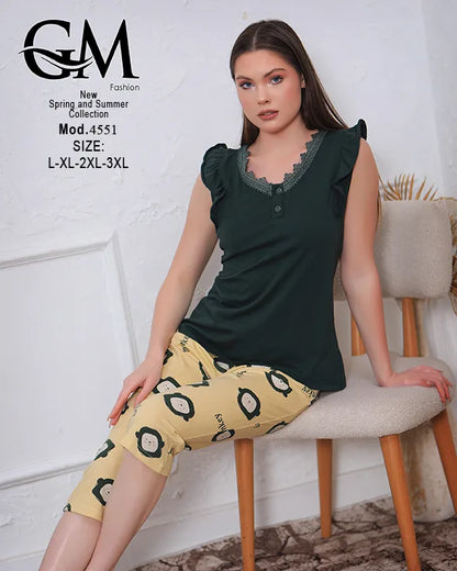 بيجامة حريمي قطن صيفي بنطلون كابري – GM Fashion موديل 4551