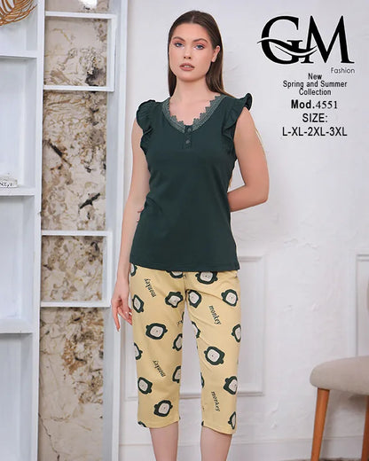 بيجامة حريمي قطن صيفي بنطلون كابري – GM Fashion موديل 4551