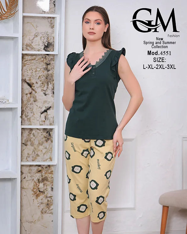 بيجامة حريمي قطن صيفي بنطلون كابري – GM Fashion موديل 4551