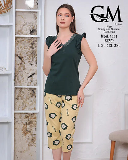 بيجامة حريمي قطن صيفي بنطلون كابري – GM Fashion موديل 4551