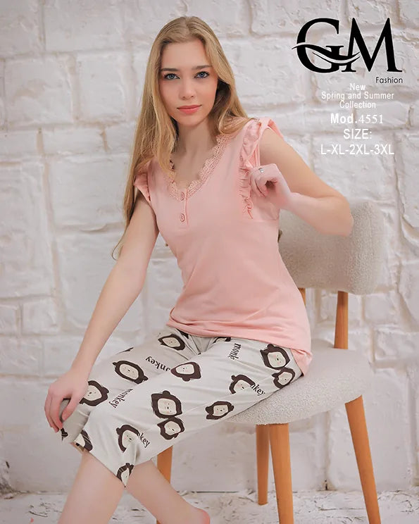 بيجامة حريمي قطن صيفي بنطلون كابري – GM Fashion موديل 4551