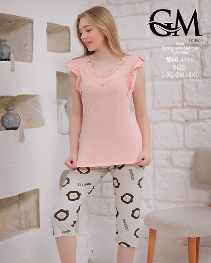بيجامة حريمي قطن صيفي بنطلون كابري – GM Fashion موديل 4551