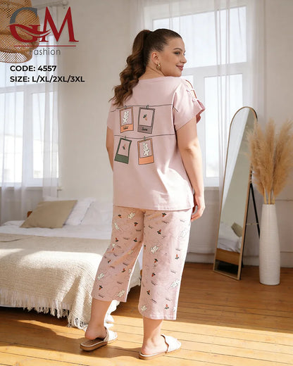 بيجامة حريمي كابري بطبعة الأرنب وتفاصيل أكمام مميزة – GM Fashion موديل 4557