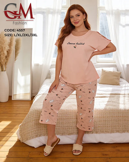 بيجامة حريمي كابري بطبعة الأرنب وتفاصيل أكمام مميزة – GM Fashion موديل 4557