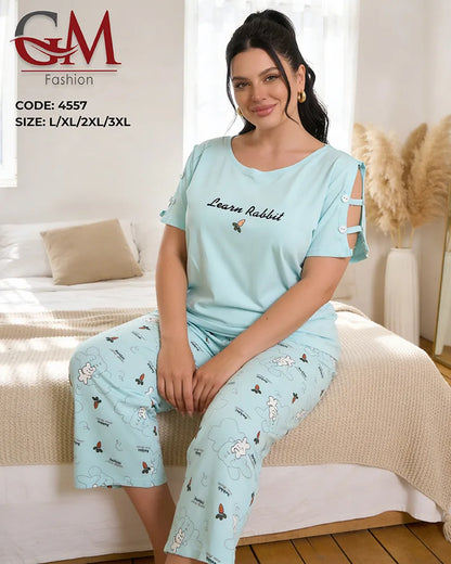 بيجامة حريمي كابري بطبعة الأرنب وتفاصيل أكمام مميزة – GM Fashion موديل 4557