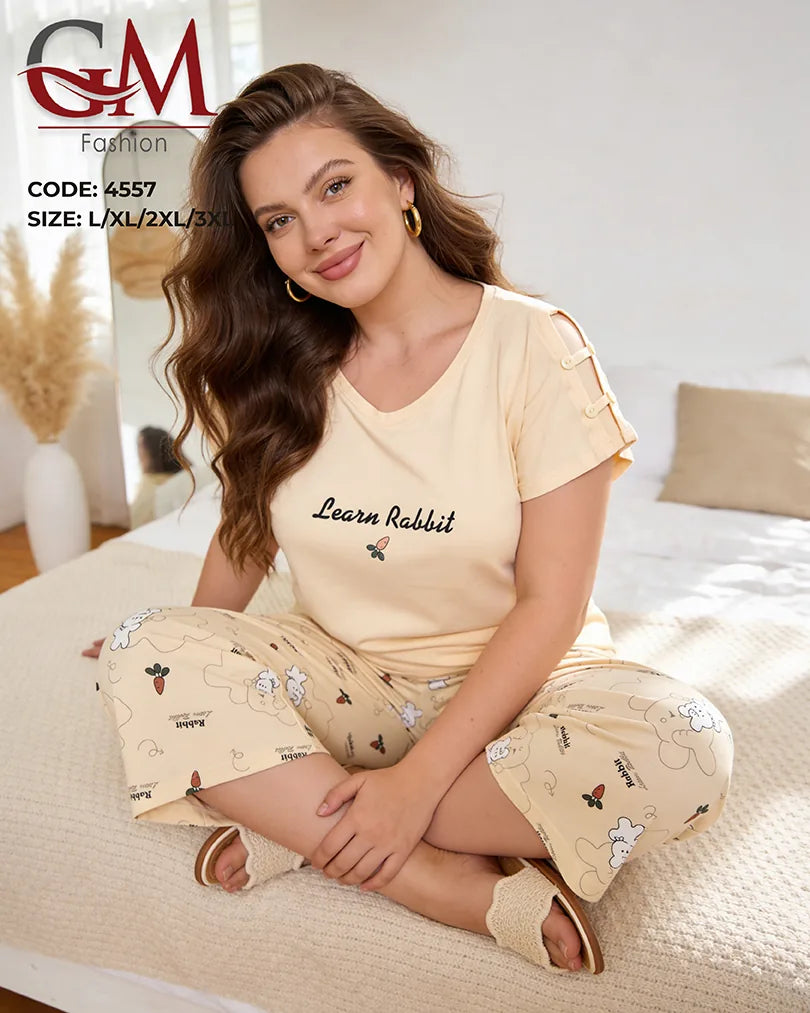 بيجامة حريمي كابري بطبعة الأرنب وتفاصيل أكمام مميزة – GM Fashion موديل 4557
