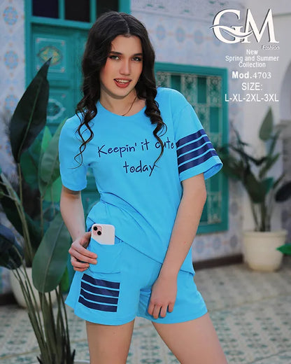 بيجامة حريمي قطن صيفي موديل 4703 – طقم تيشيرت وشورت مريح للبيت