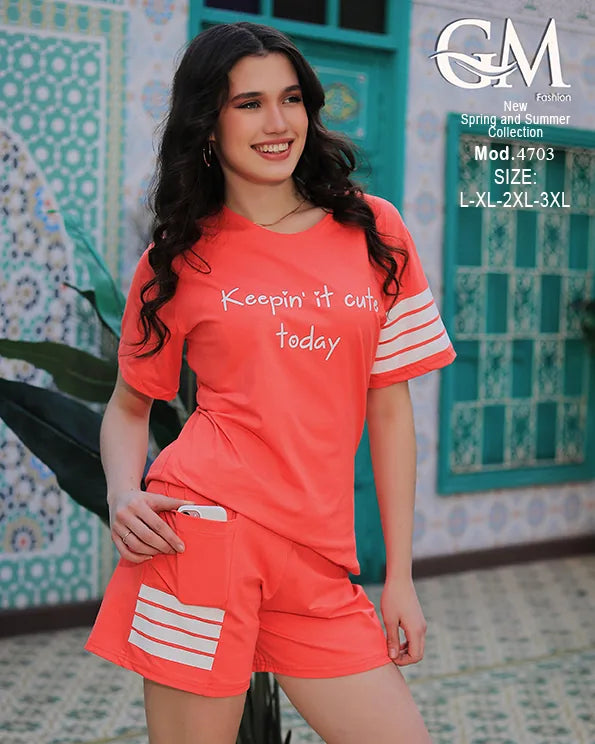 بيجامة حريمي قطن صيفي موديل 4703 – طقم تيشيرت وشورت مريح للبيت