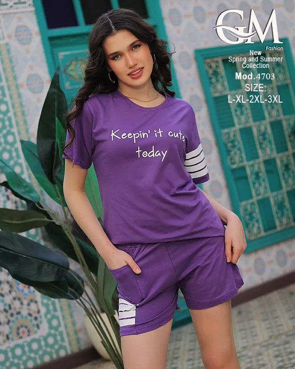 بيجامة حريمي قطن صيفي موديل 4703 – طقم تيشيرت وشورت مريح للبيت