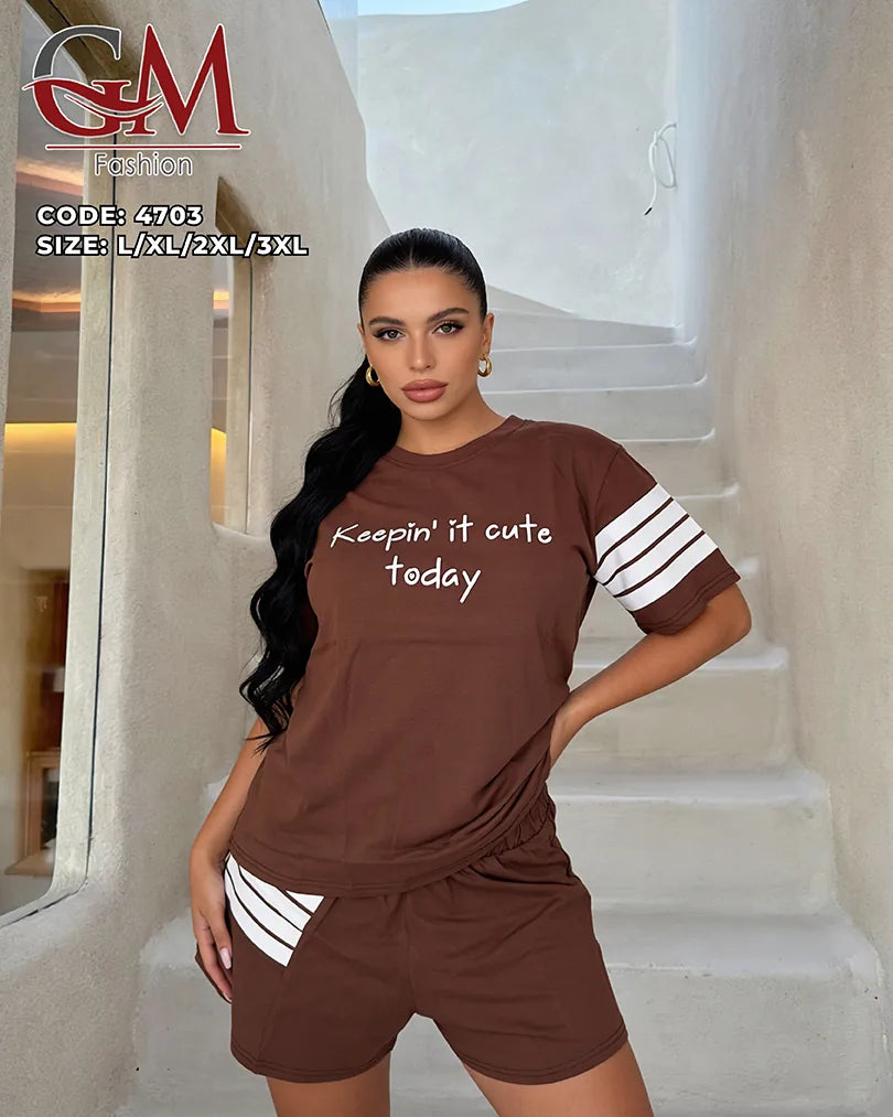 بيجامة حريمي قطن صيفي موديل 4703 – طقم تيشيرت وشورت مريح للبيت