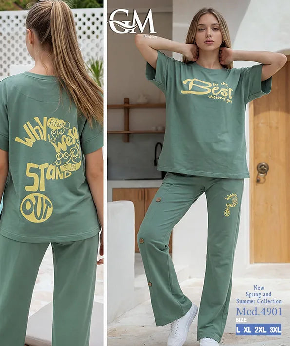 بيجامة حريمي صيفي نصف كم وبنطلون واسع – GM Fashion موديل 4901
