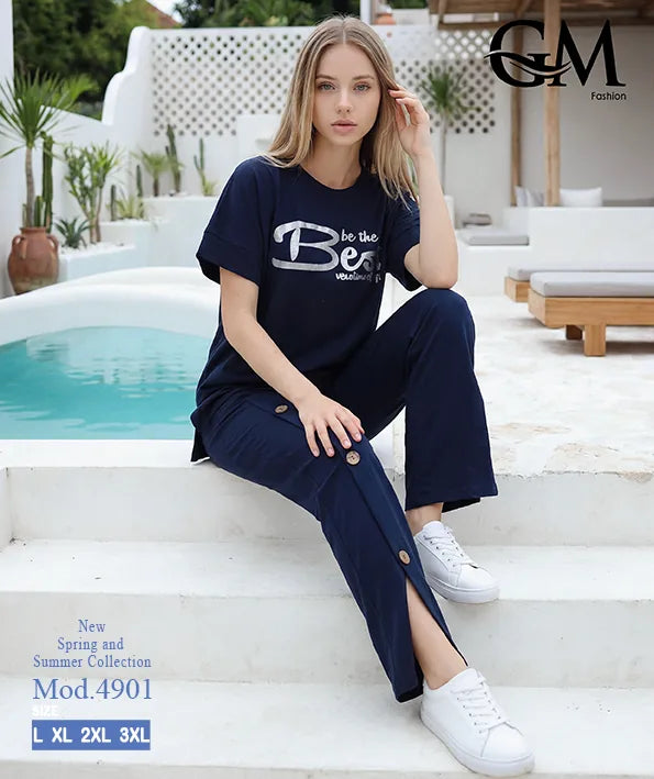 بيجامة حريمي صيفي نصف كم وبنطلون واسع – GM Fashion موديل 4901