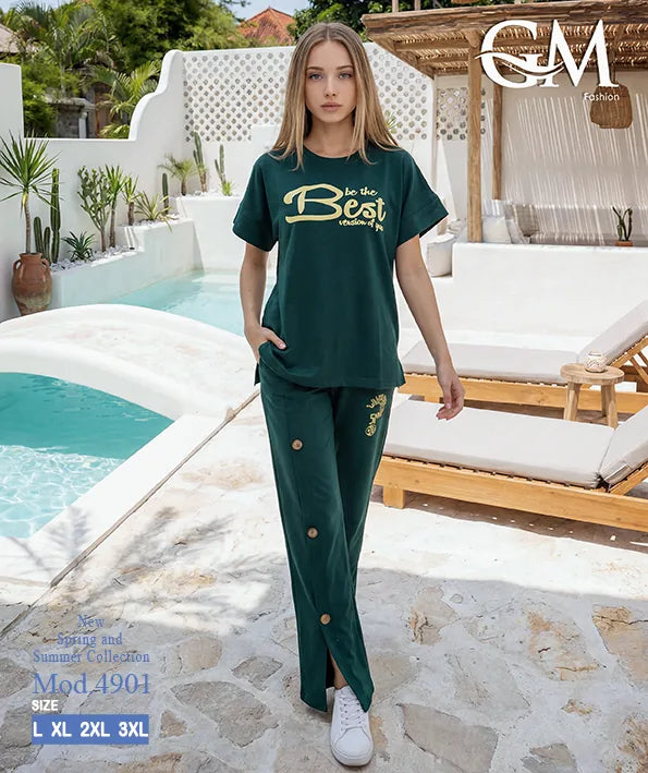 بيجامة حريمي صيفي نصف كم وبنطلون واسع – GM Fashion موديل 4901