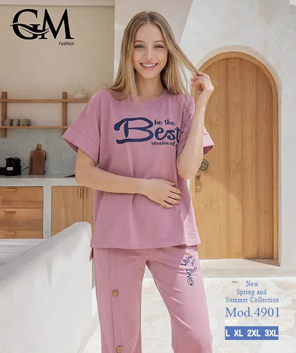 بيجامة حريمي صيفي نصف كم وبنطلون واسع – GM Fashion موديل 4901