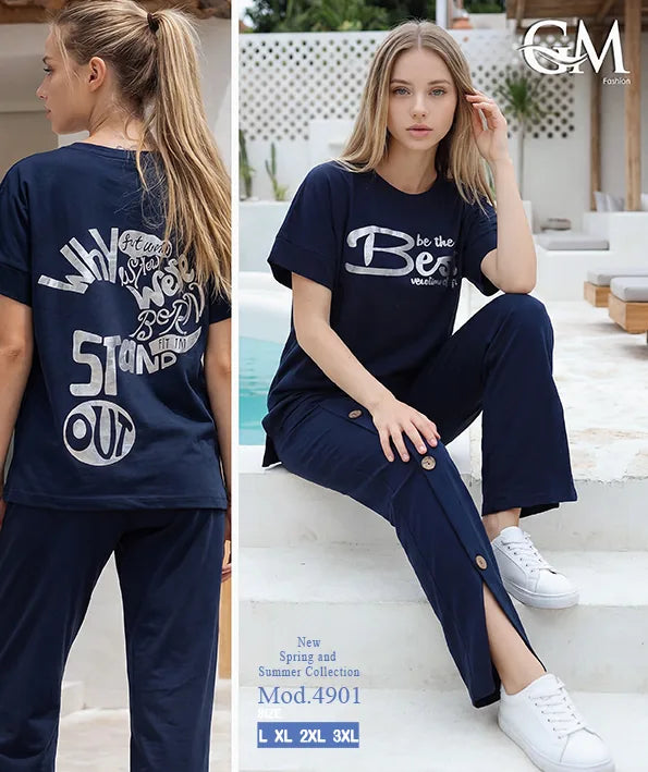 بيجامة حريمي صيفي نصف كم وبنطلون واسع – GM Fashion موديل 4901
