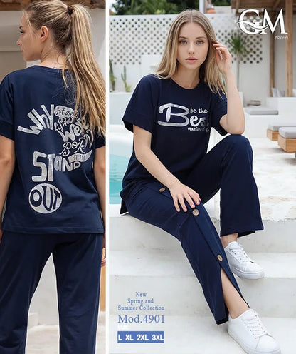 بيجامة حريمي صيفي نصف كم وبنطلون واسع – GM Fashion موديل 4901