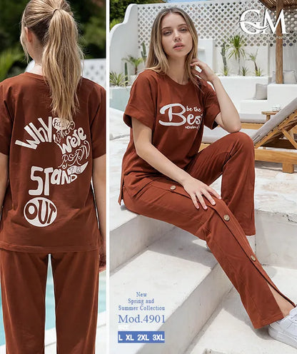 بيجامة حريمي صيفي نصف كم وبنطلون واسع – GM Fashion موديل 4901